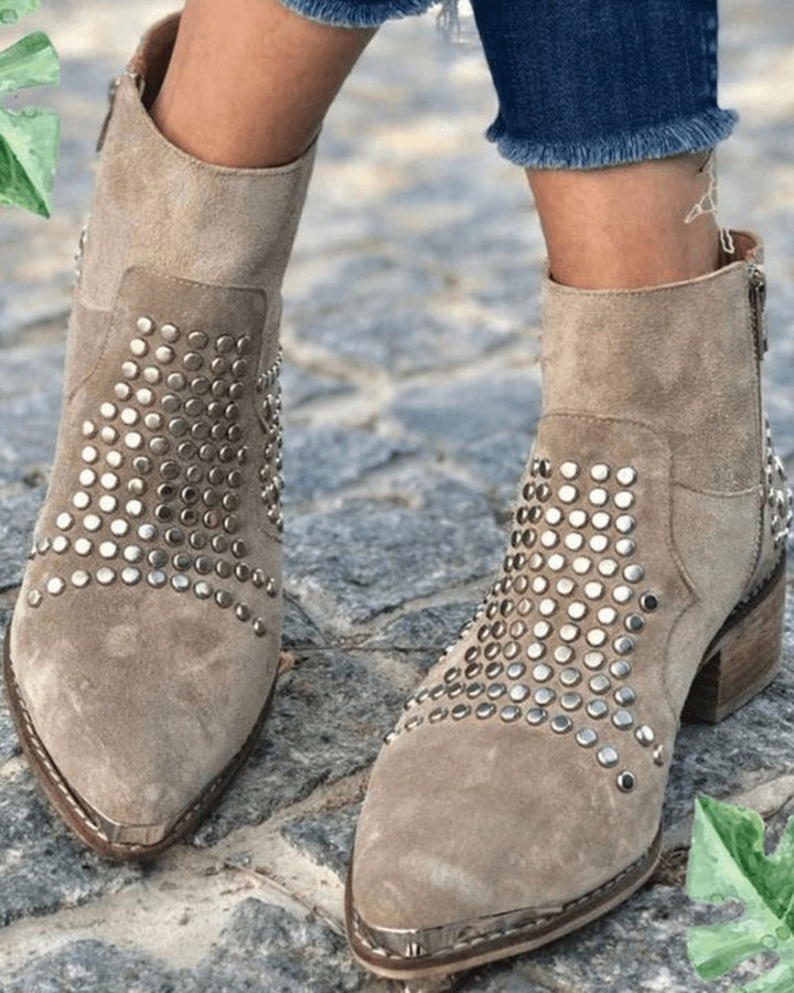 Madeline | Taupe Studded Suede Ankle Boots with Block Heel and Pointed Toe