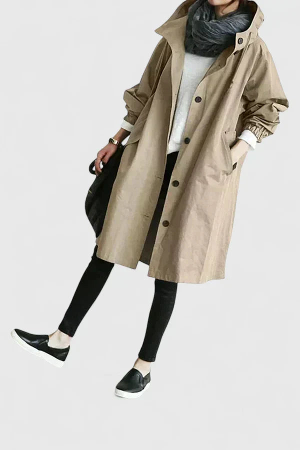 Millie | Relaxed Hooded Longline Coat With Button Front and Utility Pockets