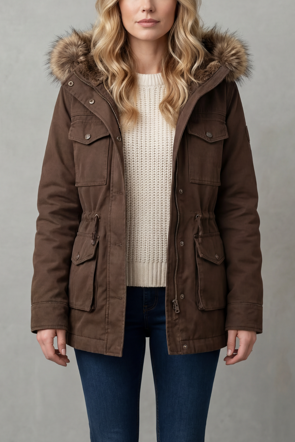 Robin | Brown Hooded Parka with Fur Trim Hood and Flap Pockets