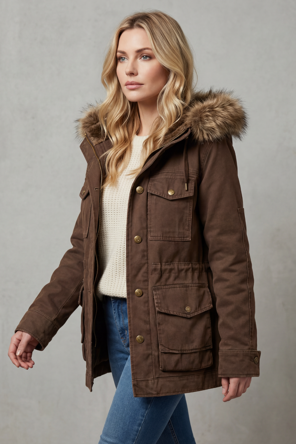 Robin | Brown Hooded Parka with Fur Trim Hood and Flap Pockets