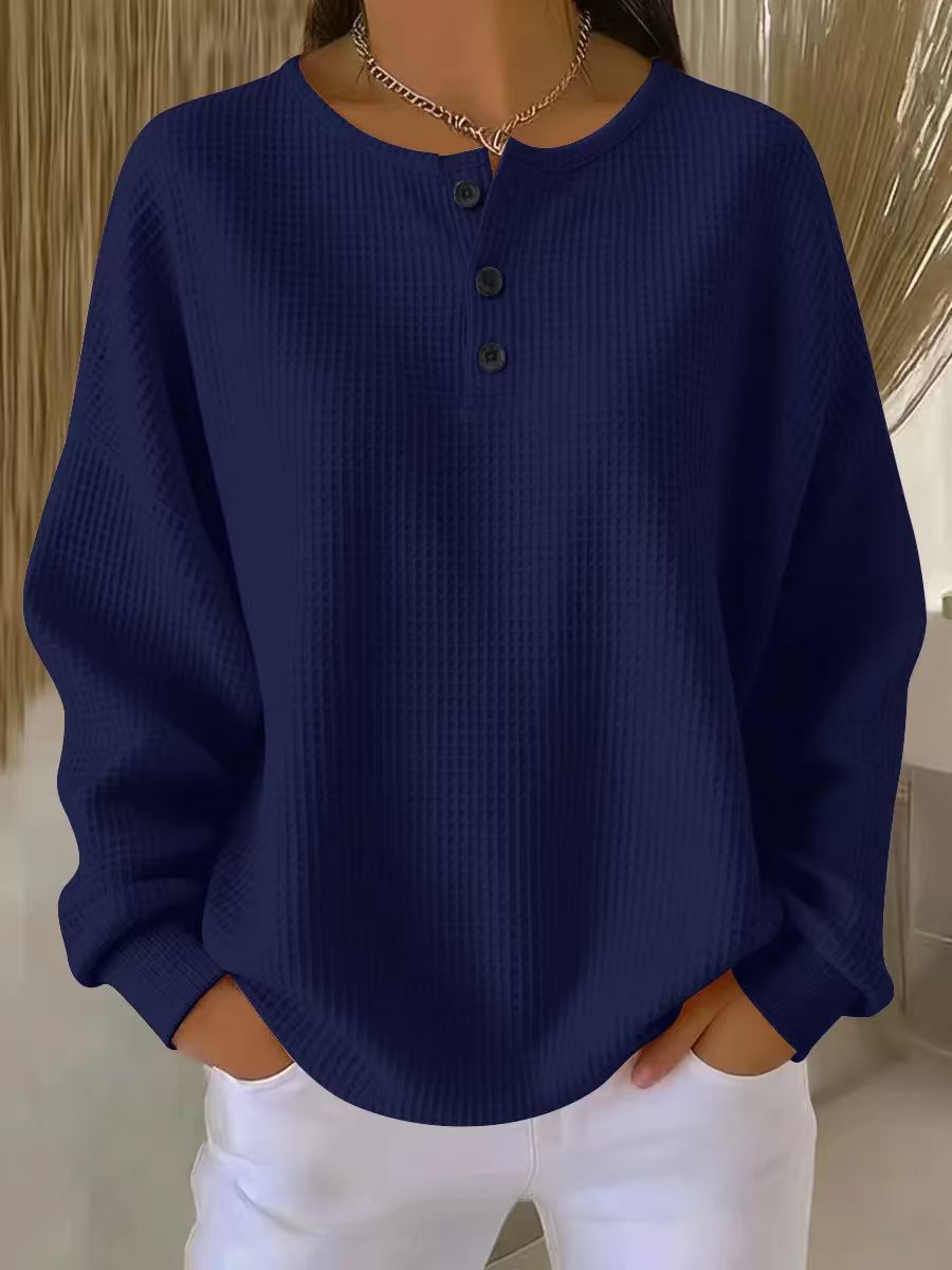 Lowri | Waffle Knit Sweatshirt with Henley Neckline and Drop Shoulders