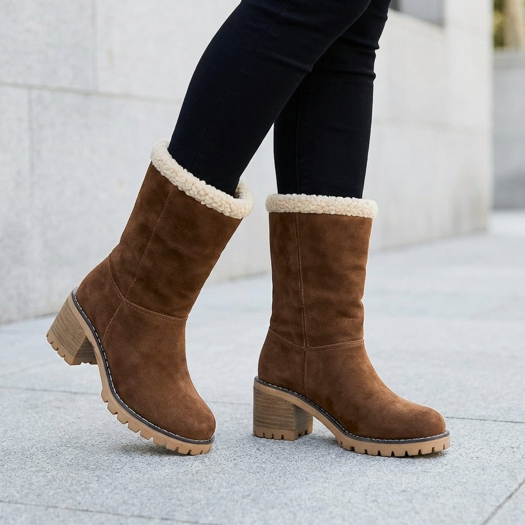 Luciana | Warm Suede Winter Boots with Sherpa Cuff and Block Heel