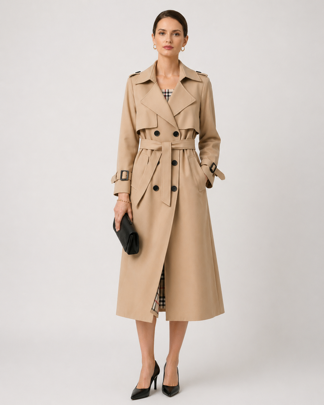 Blythe | Women's Double Breasted Long Trench Coat with Check Lining and Belt