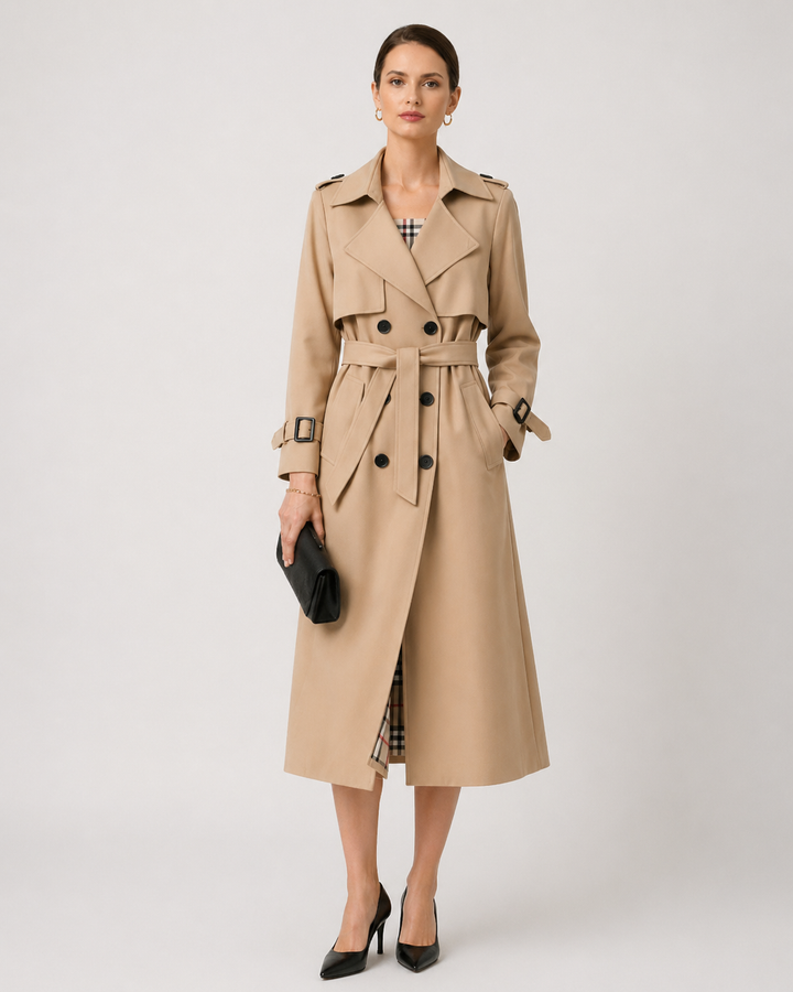 Blythe | Women's Double Breasted Long Trench Coat with Check Lining and Belt