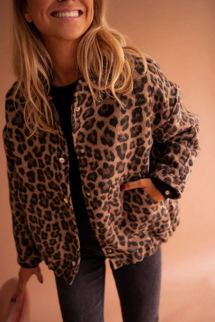 Leona | Leopard Print Bomber Jacket with Snap-Button Front