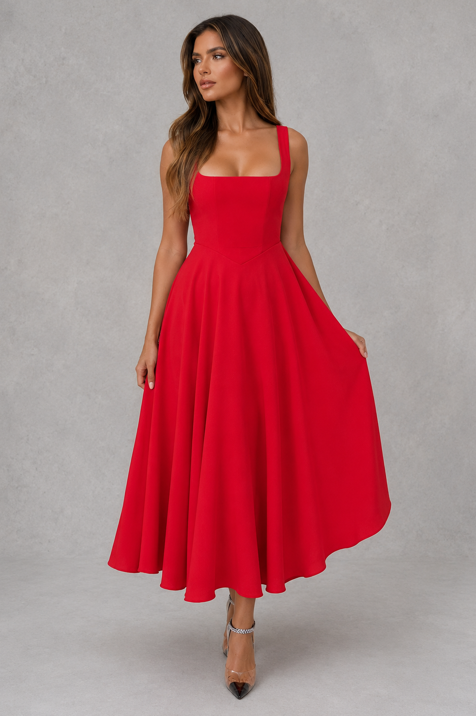 Leandra | Autumn Square Neck Midi Office Attire Dress