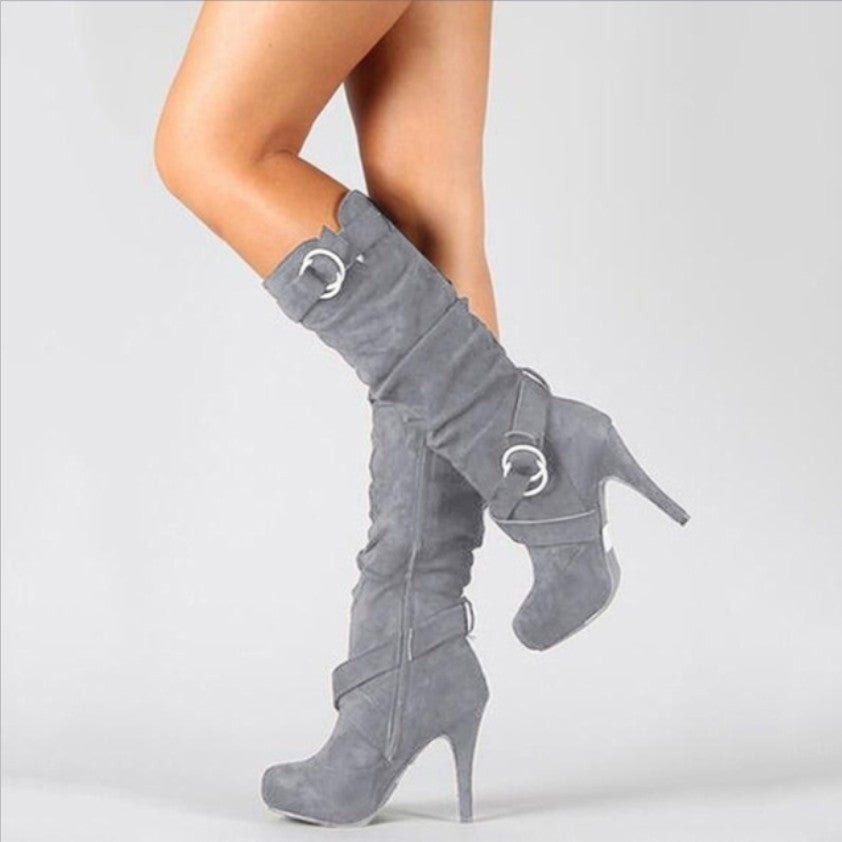Tessa | Women's Suede Knee High Stiletto Boots with Buckle Straps