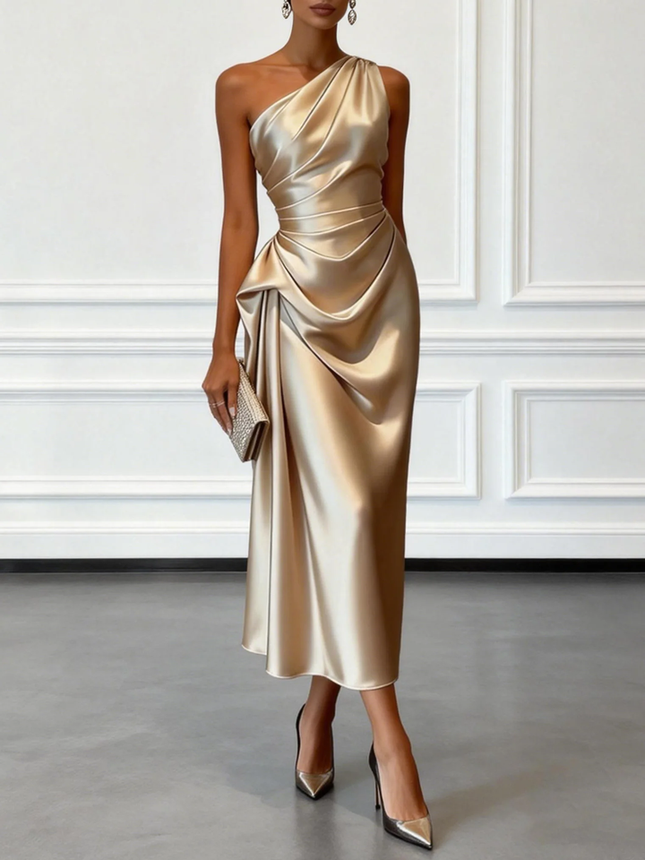 Camilla | Champagne Satin One-shoulder Sleeveless Ruffled Midi Dress