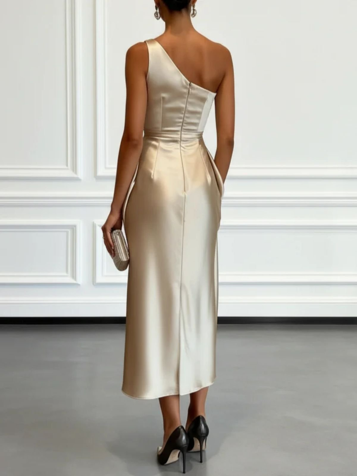Camilla | Champagne Satin One-shoulder Sleeveless Ruffled Midi Dress