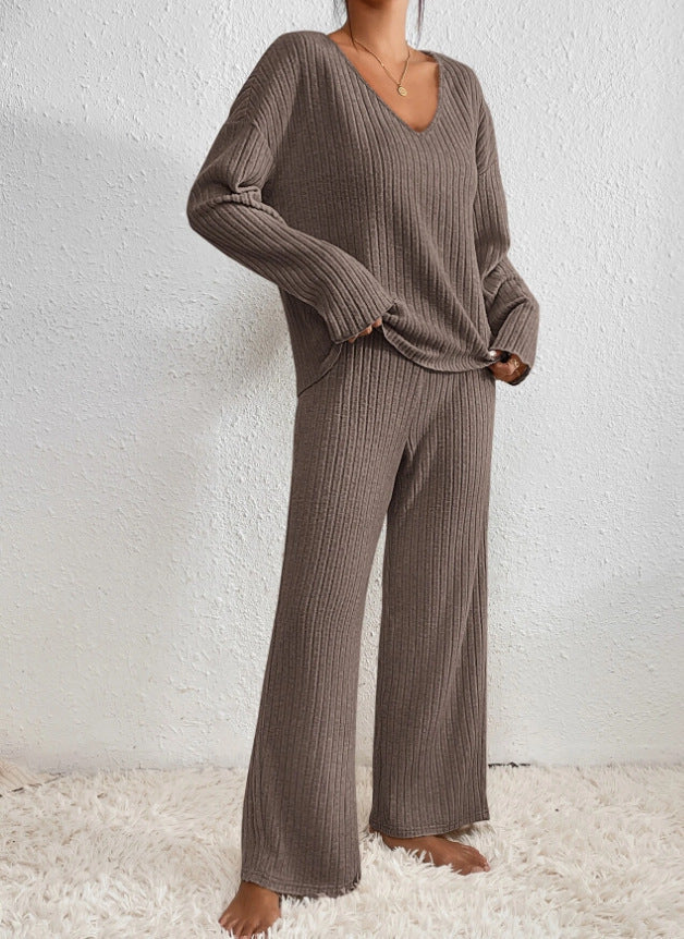 Dahlia | Women's Ribbed Knit Two Piece Set with V-Neckline and Wide Leg Trousers
