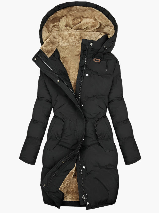 Queen | Women’s long winter coat with hood and faux fur