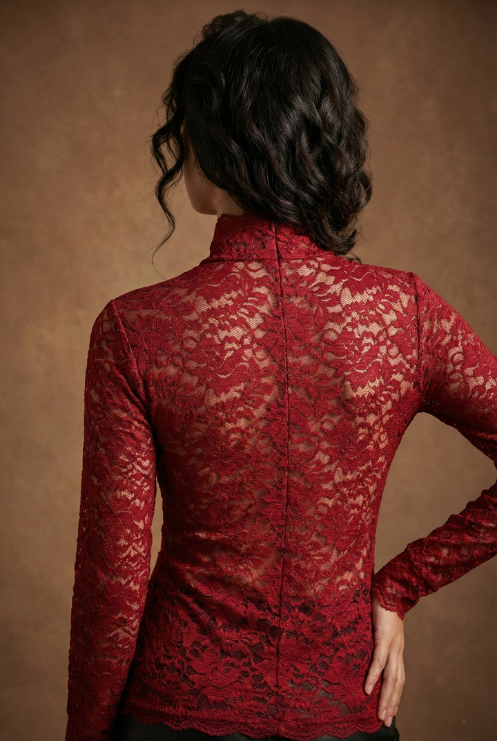Remy | Women's High-Neck Floral Lace Blouse with Long Sleeves