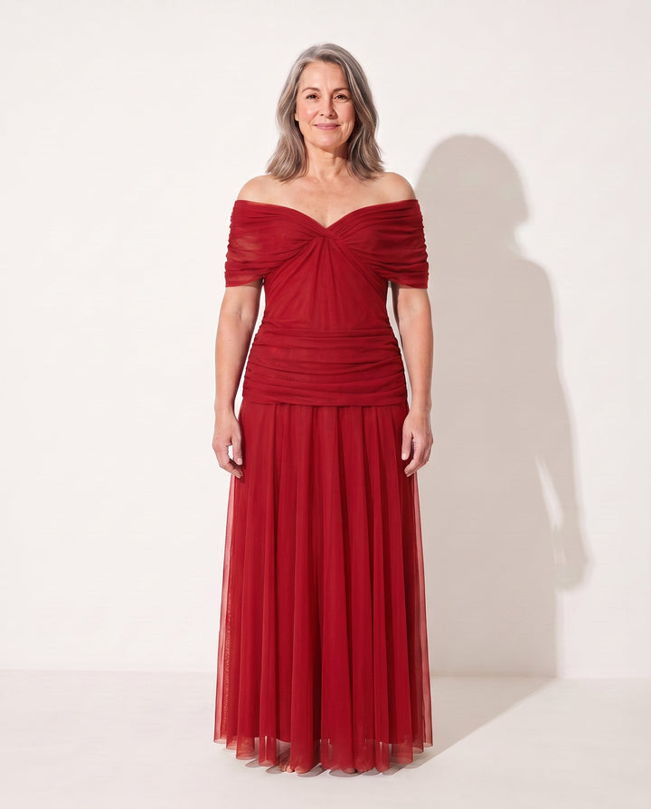 Marta | Bebe Off Shoulder Ruched Autumn Evening Dress