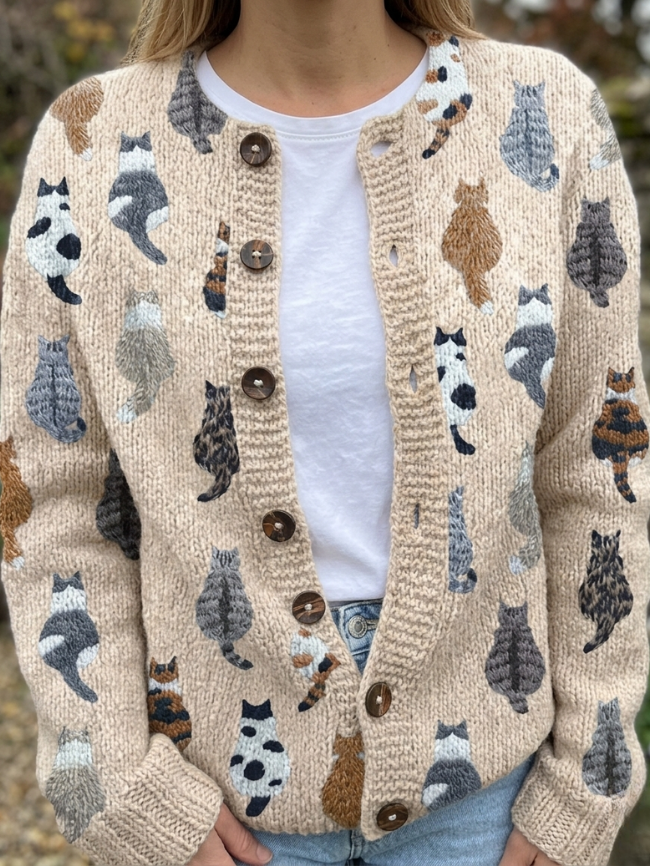 Michaela | Women's Cat Print Knit Cardigan for Autumn/Winter