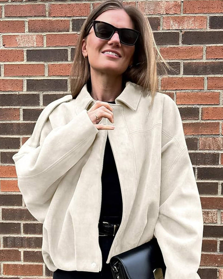 Jimena | Faux Suede Collared Bomber Jacket for Women