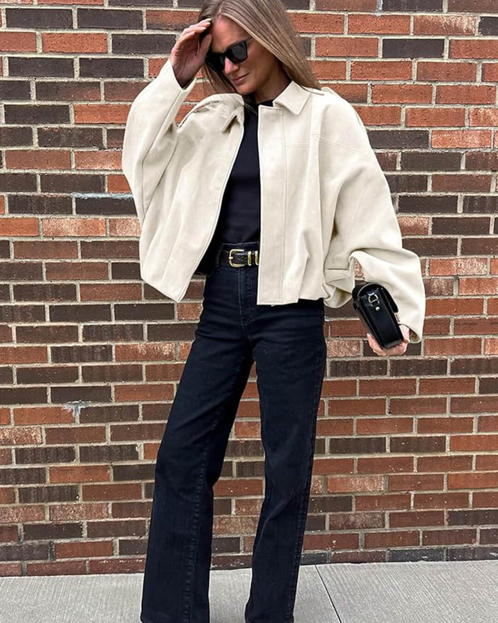 Jimena | Faux Suede Collared Bomber Jacket for Women