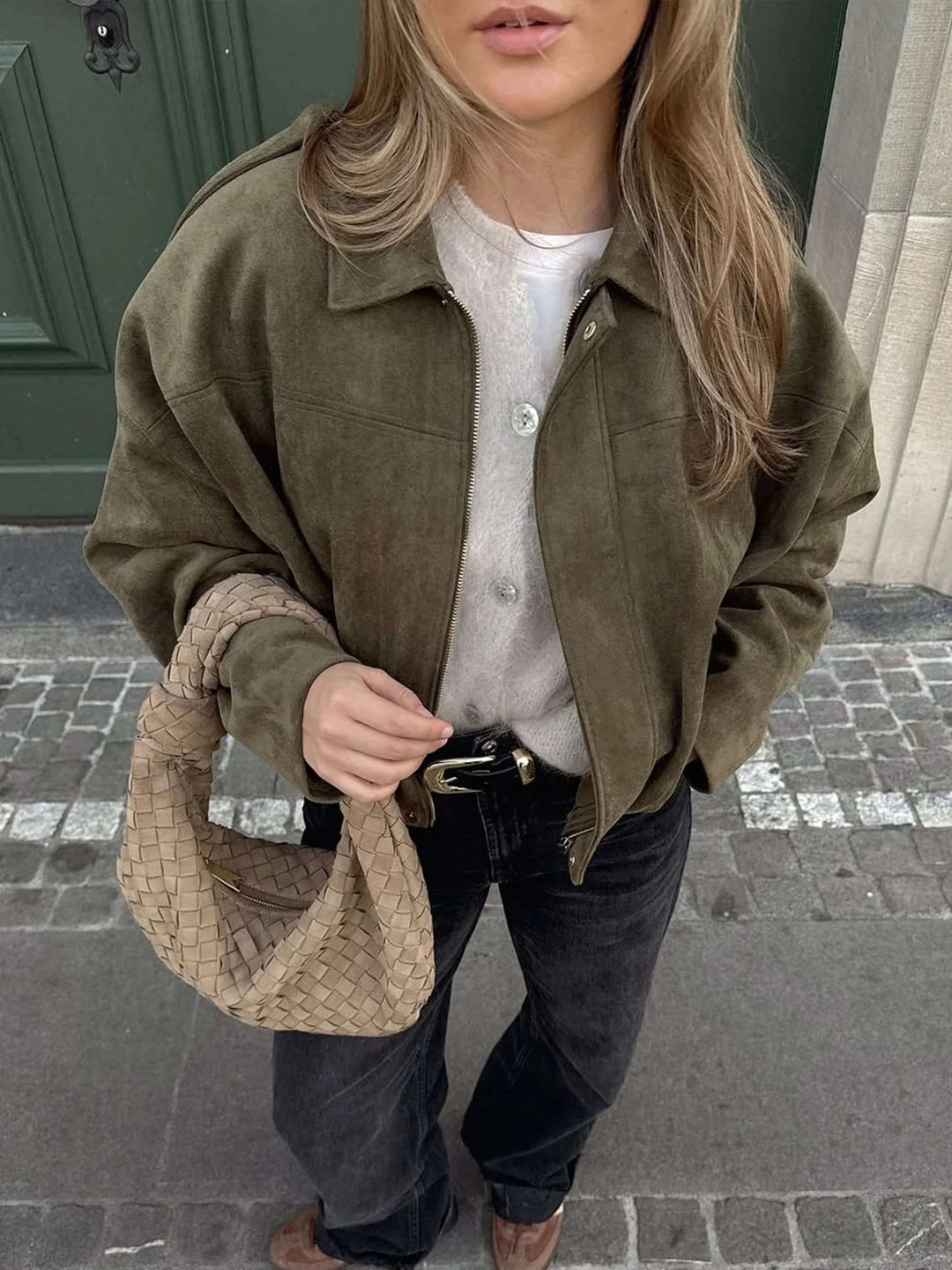 Jimena | Faux Suede Collared Bomber Jacket for Women