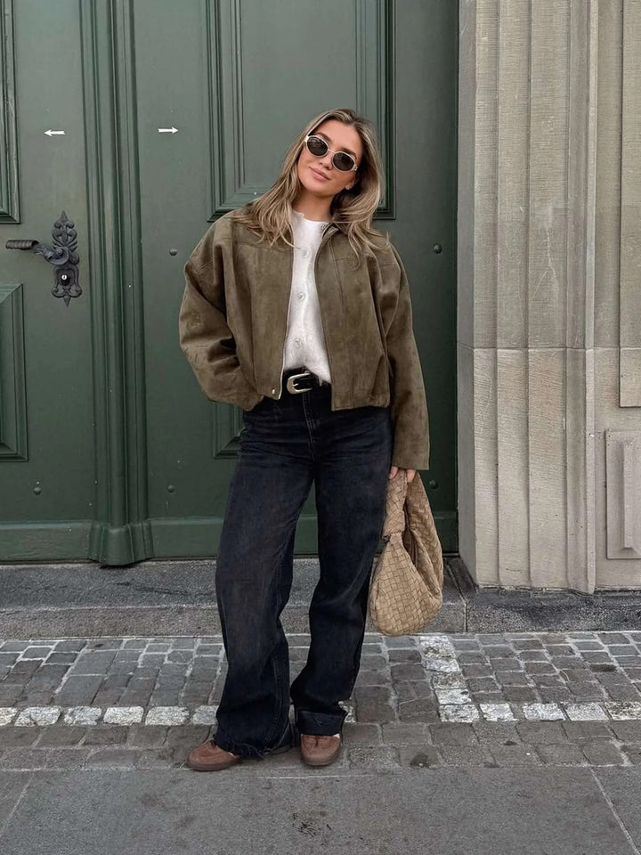 Jimena | Faux Suede Collared Bomber Jacket for Women