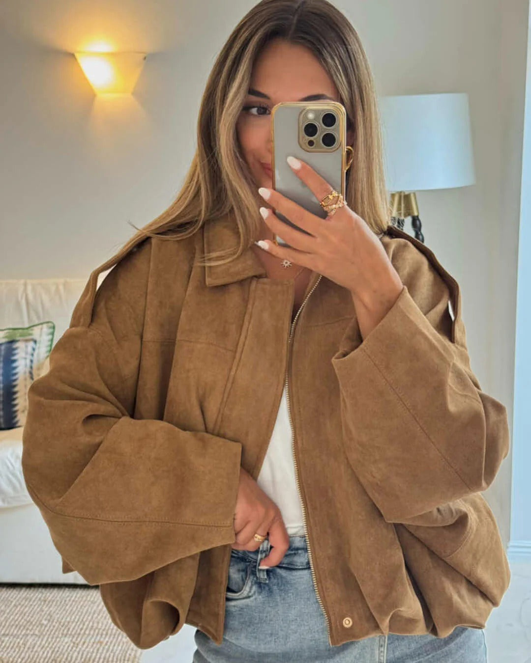 Jimena | Faux Suede Collared Bomber Jacket for Women