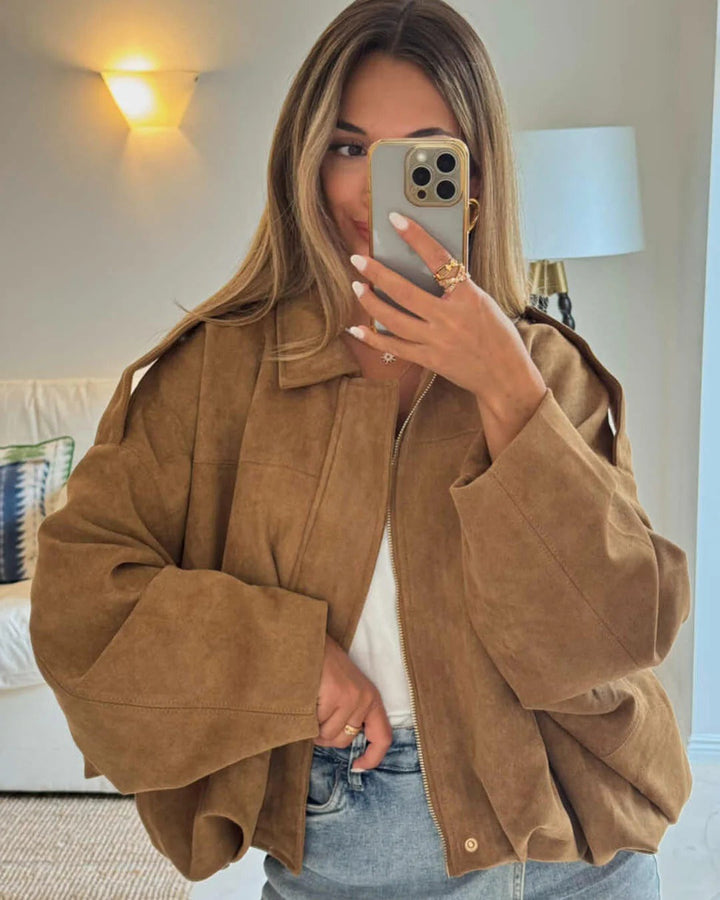 Jimena | Faux Suede Collared Bomber Jacket for Women