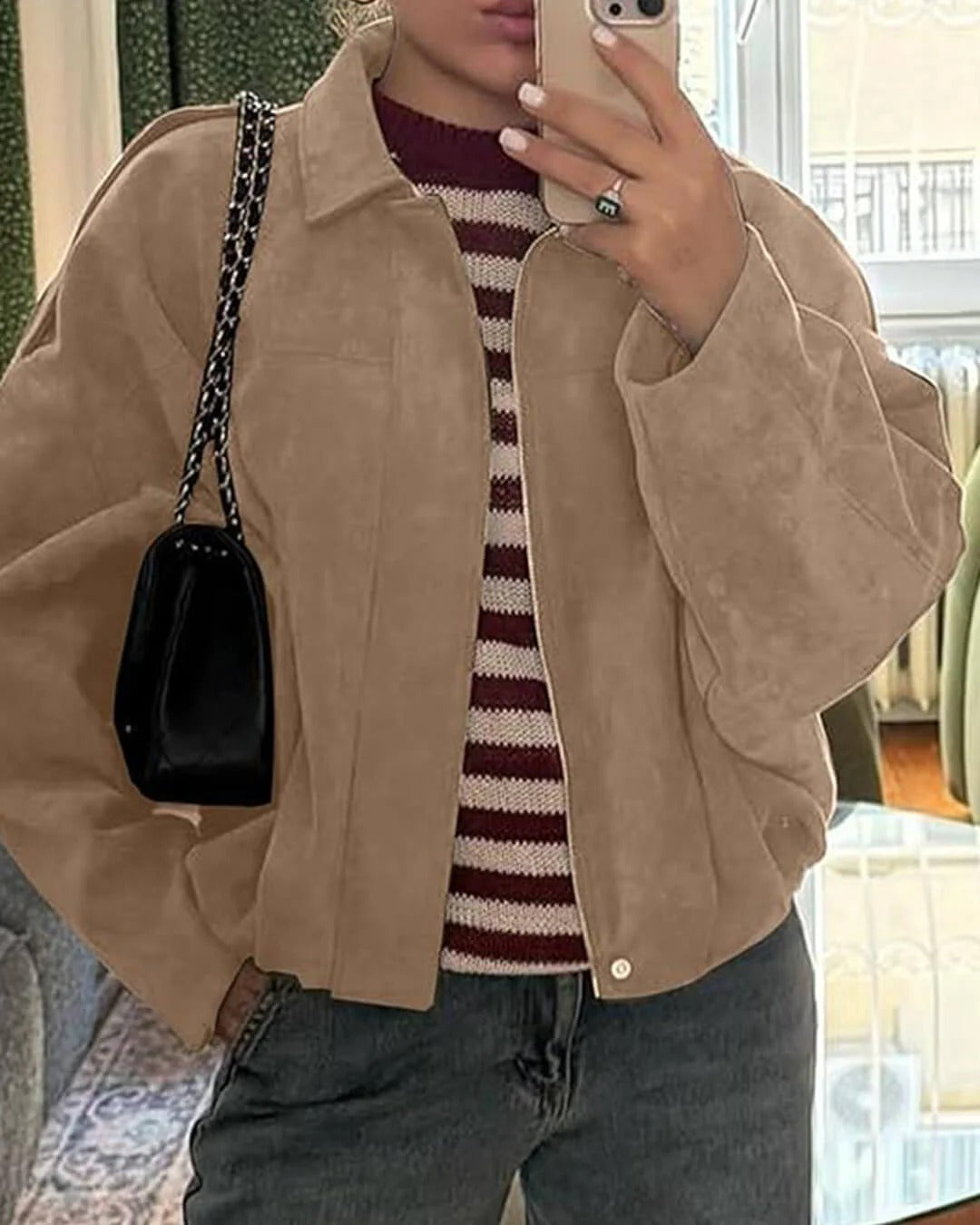 Jimena | Faux Suede Collared Bomber Jacket for Women