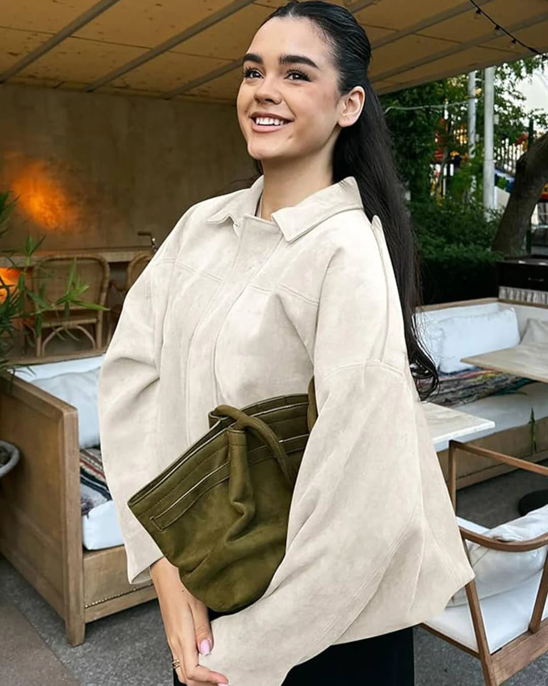 Jimena | Faux Suede Collared Bomber Jacket for Women