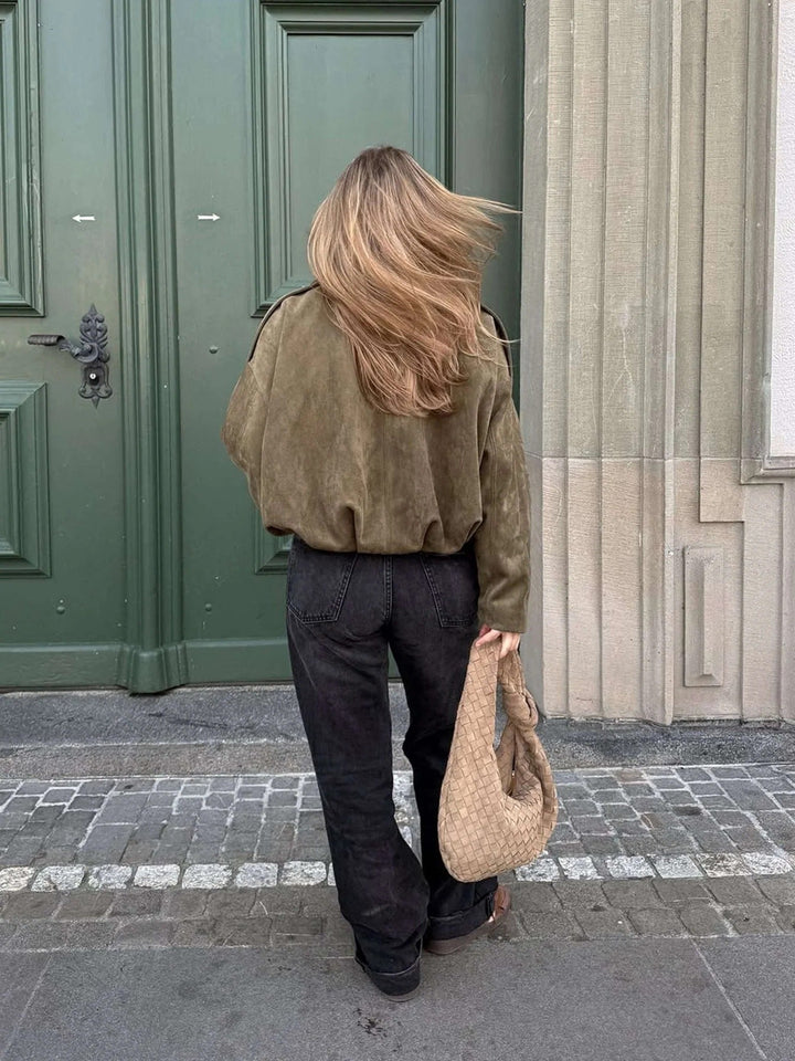 Jimena | Faux Suede Collared Bomber Jacket for Women