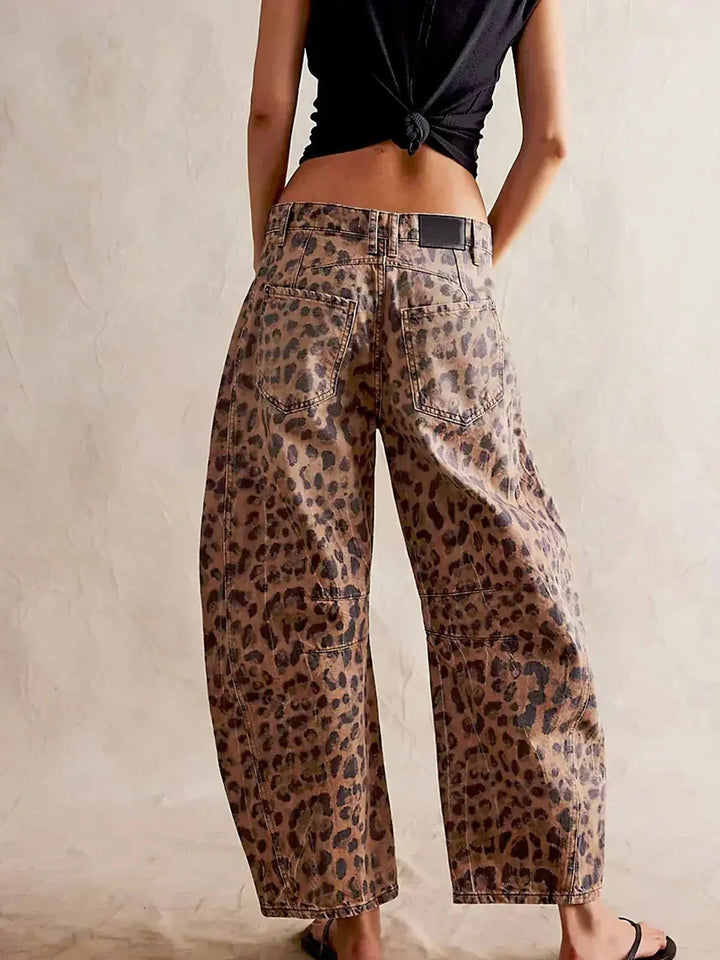 Meril | Women's Wide Leg High Waist Leopard Print Denim Pants