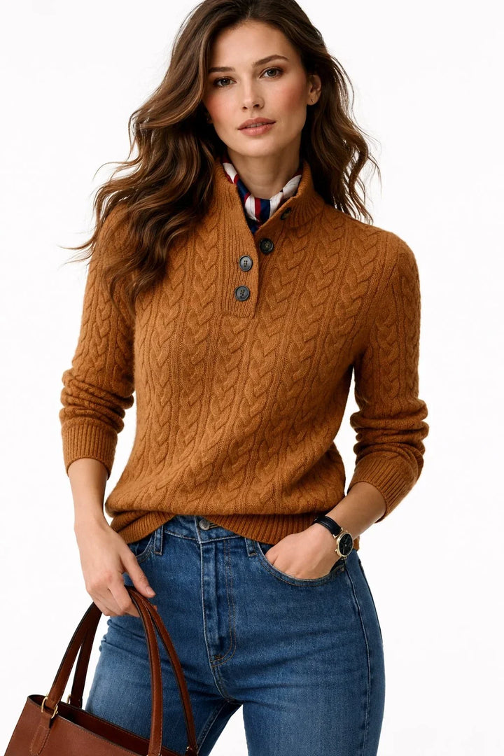 Eliana | Women's Cable Knit Button-Neck Wool Sweater
