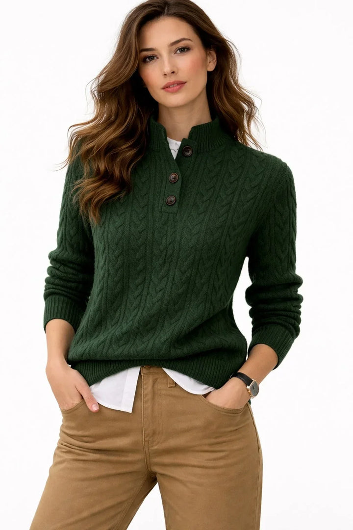 Eliana | Women's Cable Knit Button-Neck Wool Sweater