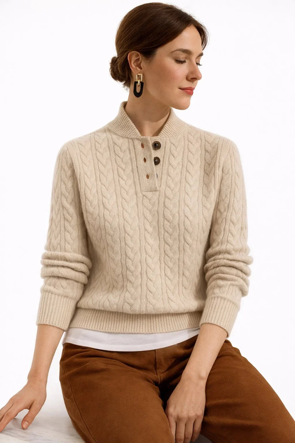 Eliana | Women's Cable Knit Button-Neck Wool Sweater