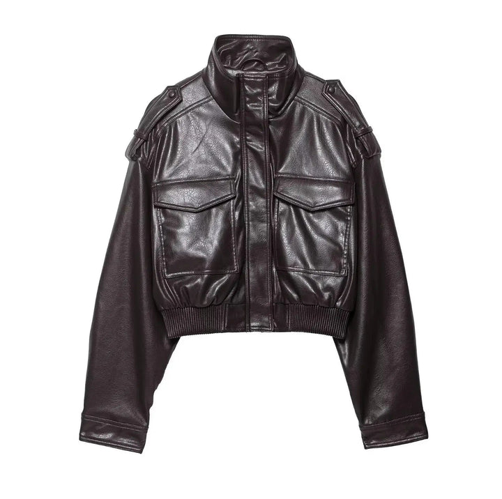 Marnie | Women's Cropped Leather Jacket Zip Front Pockets