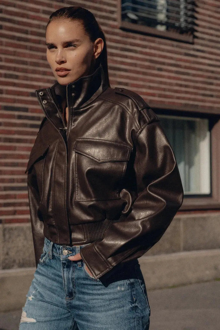 Marnie | Women's Cropped Leather Jacket Zip Front Pockets
