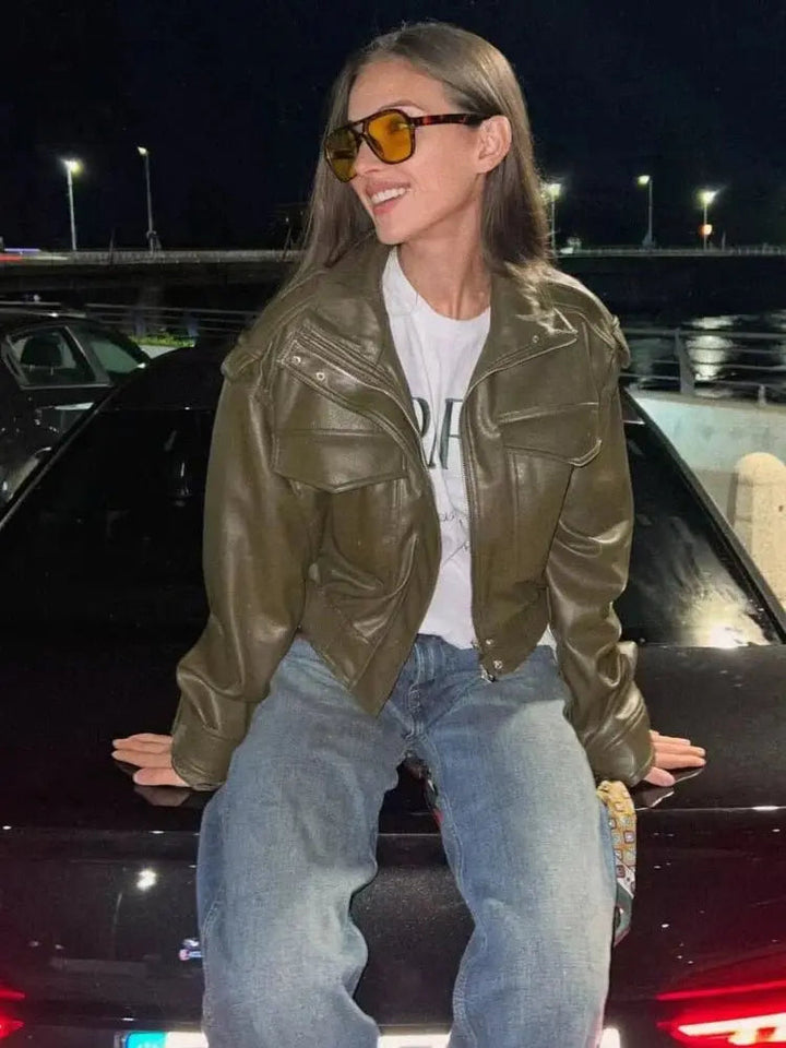 Marnie | Women's Cropped Leather Jacket Zip Front Pockets