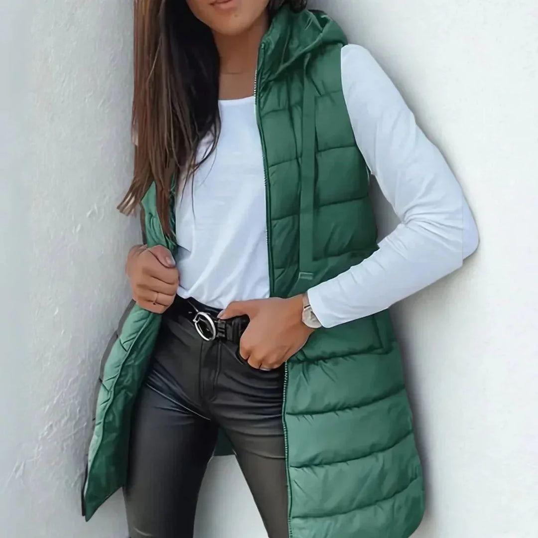 Laura | Women's Long Hooded Sleeveless Puffer Vest