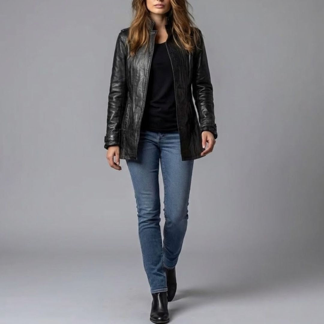 Melissa | Women's Black Stand-Collar Longline Leather Jacket