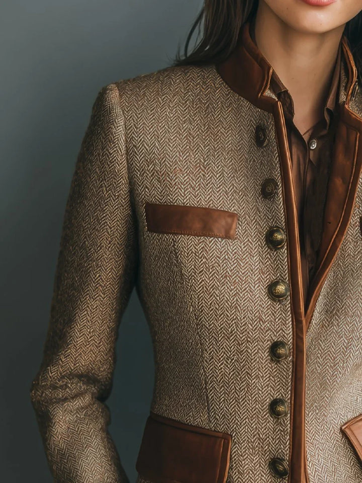 Athena | Vintage Herringbone Tweed Leather-Trim Button-Front Jacket