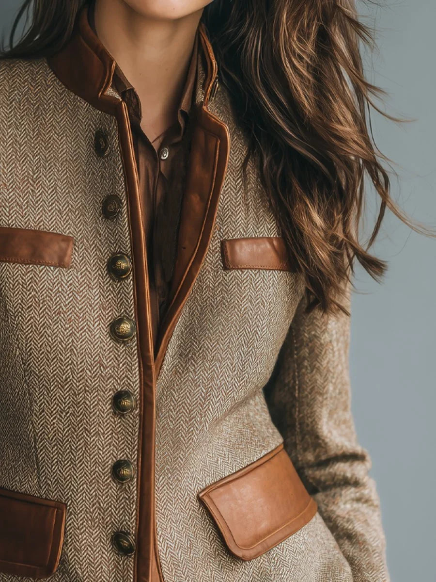 Athena | Vintage Herringbone Tweed Leather-Trim Button-Front Jacket