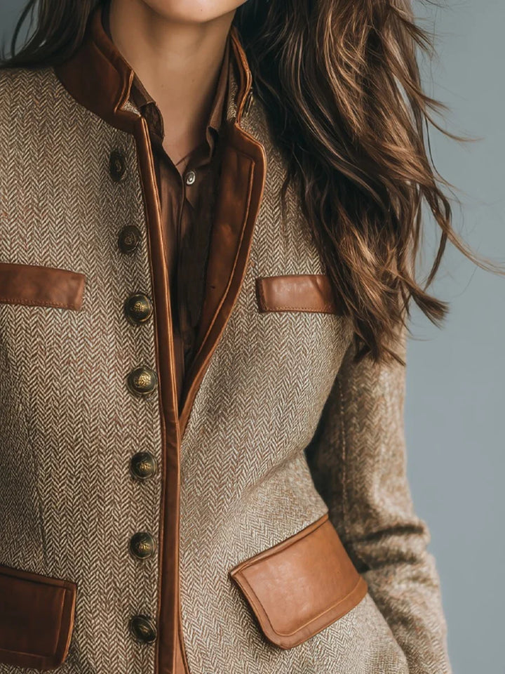 Athena | Vintage Herringbone Tweed Leather-Trim Button-Front Jacket