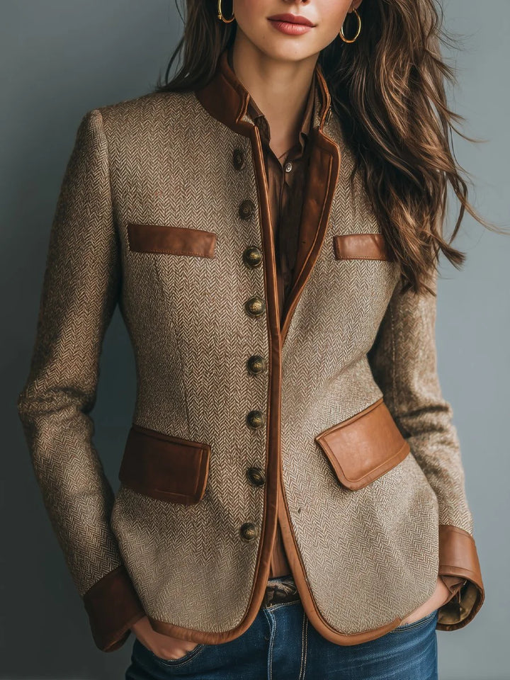 Athena | Vintage Herringbone Tweed Leather-Trim Button-Front Jacket