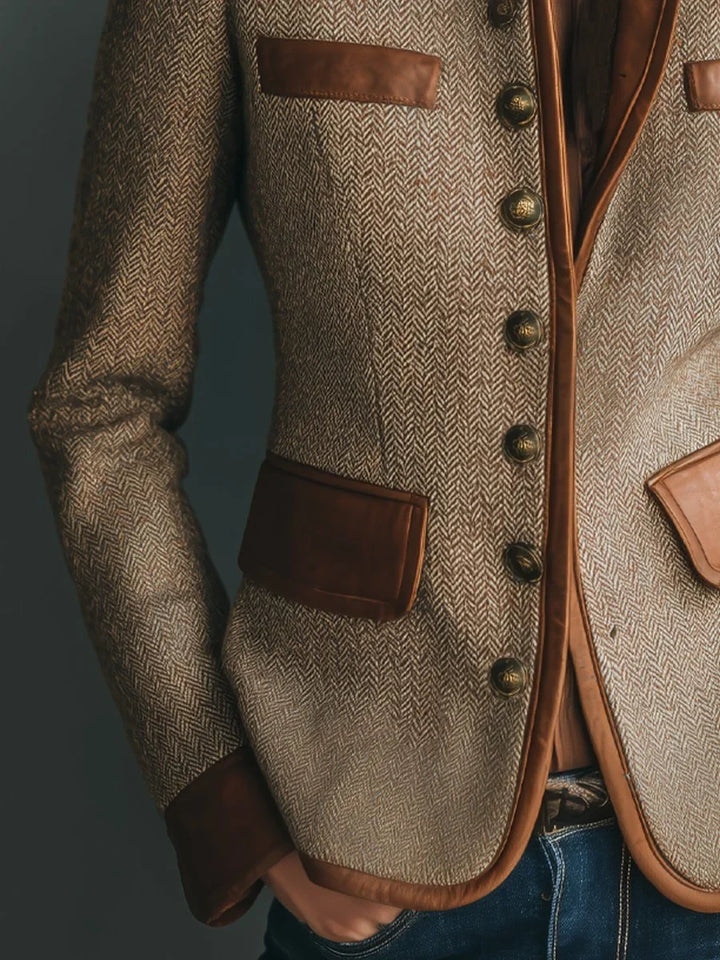 Athena | Vintage Herringbone Tweed Leather-Trim Button-Front Jacket